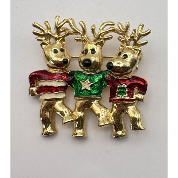 Dancing Reindeer Trio Christmas Brooch Gold Tone Pin Red Green Enamel Sweaters - Picture 6 of 6